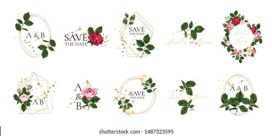 Set of floral wedding logos and monogram with elegant red pink roses green leaves golden geometric triangular frame for invitation save the date card design. Botanical vector illustration
