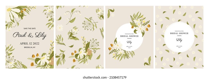 Set of floral wedding templates. Vector flat illustrations in warm color palette. Elegant and vintage.