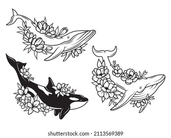 Set of floral whale. Collection of different whale and orca with flower wreath. Zoological. Sea creature. Vector illustration  of ocean mammals.