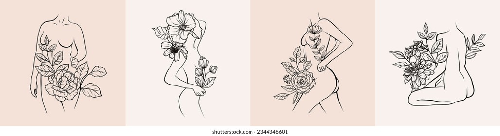 Set of floral woman bodies with flowers, leaves bouquets line art sketch. One black line art female figures with floral arrangement. Vector illustration in outline simple style