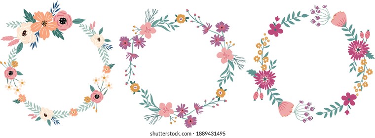 Set of Floral wreath border illustration. Cute hand drawn meadow flowers.