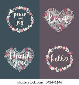 Set of Floral wreath with cute colorful flowers, branches and hand drawn lettering peace and joy, love, thank you, hello