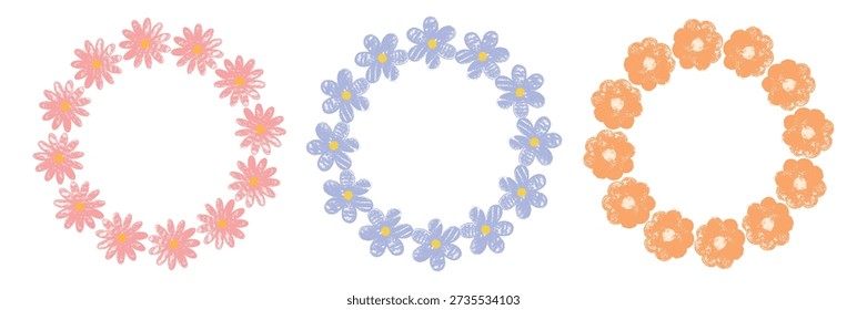 Set of floral wreath frames with hand drawn flowers in chalk texture. Spring vector circles for greeting card, invitation, sticker, and decorative border design.