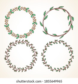 Set of Floral Wreath with leaves and berries, round frame. For wedding invitations and  greeting cards