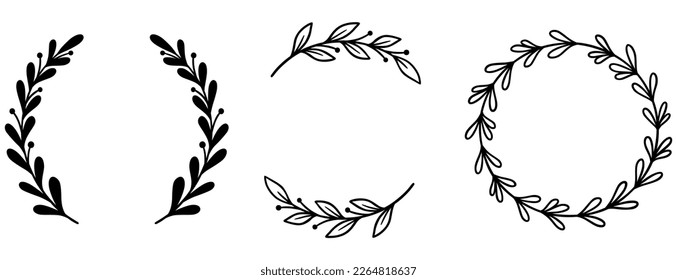 Set Floral Wreath with leaves and berries, laurel wreath design elements, Hand drawn simple For wedding invitations, greeting cards, floral isolated on white background.