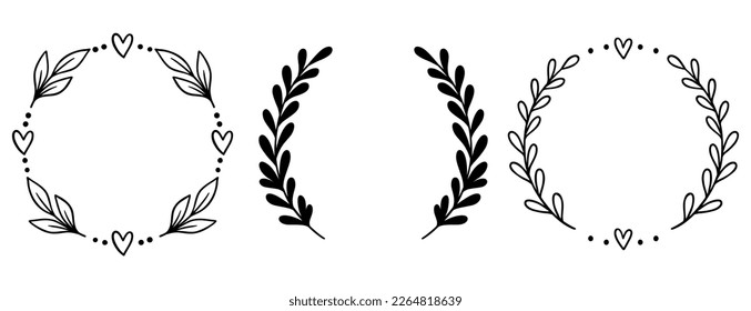 Set Floral Wreath with leaves and berries, laurel wreath design elements, Hand drawn simple For wedding invitations, greeting cards, floral isolated on white background.