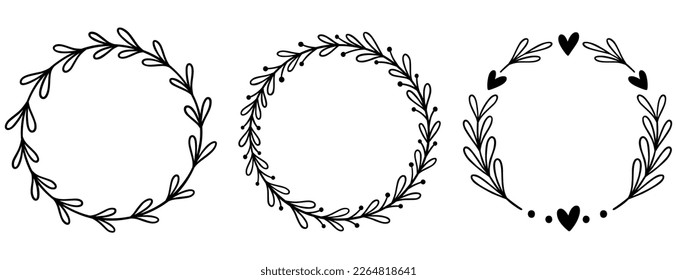 Set Floral Wreath with leaves and berries, laurel wreath design elements, Hand drawn simple For wedding invitations, greeting cards, floral isolated on white background.