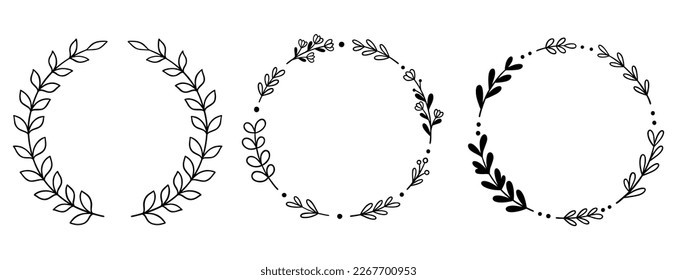 Set Floral Wreath with leaves and berries, laurel wreath design elements, Hand drawn simple For wedding invitations, greeting cards, floral isolated on white background.