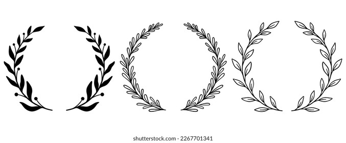 Set Floral Wreath with leaves and berries, laurel wreath design elements, Hand drawn simple For wedding invitations, greeting cards, floral isolated on white background.