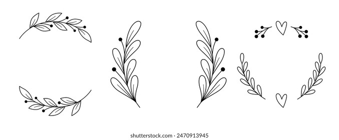 Set Floral Wreath with leaves and berries, laurel wreath design elements, Hand drawn simple For wedding invitations, greeting cards, floral isolated on white background.