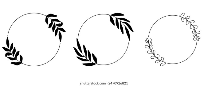 Set Floral Wreath with leaves and berries, laurel wreath design elements, Hand drawn simple For wedding invitations, greeting cards, floral isolated on white background.