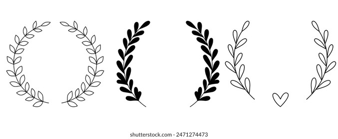 Set Floral Wreath with leaves and berries, laurel wreath design elements, Hand drawn simple For wedding invitations, greeting cards, floral isolated on white background.