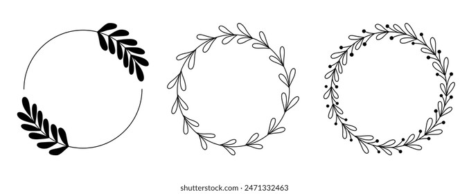 Set Floral Wreath with leaves and berries, laurel wreath design elements, Hand drawn simple For wedding invitations, greeting cards, floral isolated on white background.