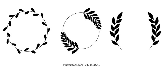 Set Floral Wreath with leaves and berries, laurel wreath design elements, Hand drawn simple For wedding invitations, greeting cards, floral isolated on white background.