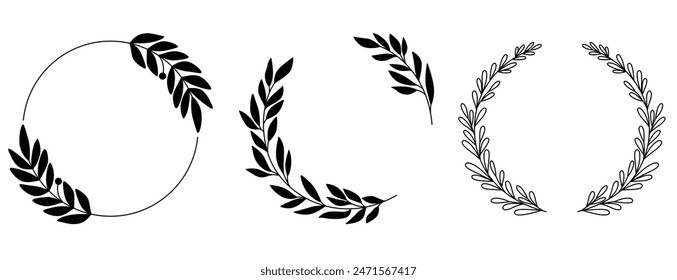 Set Floral Wreath with leaves and berries, laurel wreath design elements, Hand drawn simple For wedding invitations, greeting cards, floral isolated on white background.