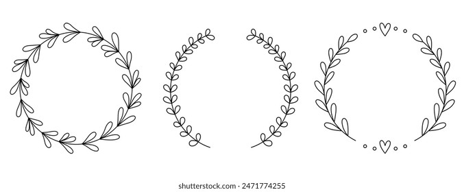 Set Floral Wreath with leaves and berries, laurel wreath design elements, Hand drawn simple For wedding invitations, greeting cards, floral isolated on white background.