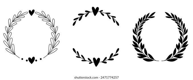 Set Floral Wreath with leaves and berries, laurel wreath design elements, Hand drawn simple For wedding invitations, greeting cards, floral isolated on white background.