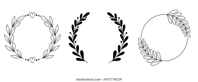 Set Floral Wreath with leaves and berries, laurel wreath design elements, Hand drawn simple For wedding invitations, greeting cards, floral isolated on white background.