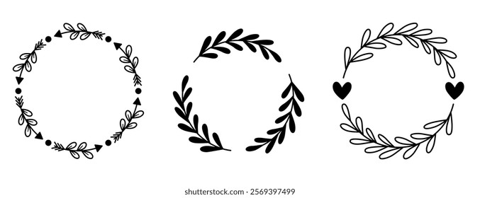 Set Floral Wreath with leaves and berries, laurel wreath design elements, Hand drawn simple For wedding invitations, greeting cards, floral isolated on white background.