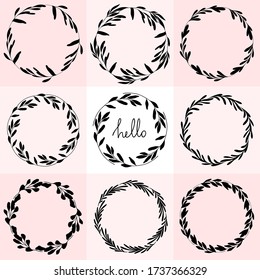 Set floral wreath with lettering Hello. Botanical hand drawn design elements for invitations, greeting cards, quotes. Vector illustration on pink background.