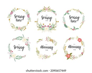 Set of floral wreath made of abstract flowers and leaves. Pretty elegant flat illustrations. Vector decorations isolated on white. Abstract illustrations inspired by wild meadow.