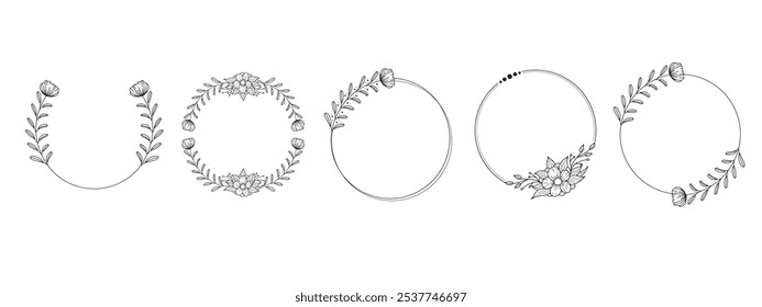 Conjunto de corona floral con colección de arte de línea de marco redondo