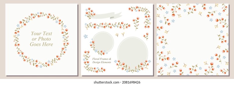Set of floral wreath, square background, and decorative design elements with cute pink flowers. Can be used for wedding or baby shower invitation, greeting cards, scrapbooking, etc.