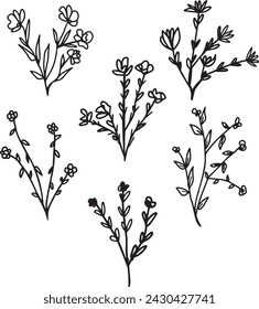 Set of Floral Wreath Vector - Spring Botanical Wreath artwork drawing - Handdrawn illustration decorative elements for your design. Leaves, swirls, floral elements.