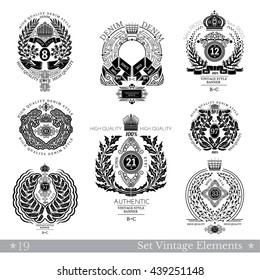 Set Of Floral Wreath. Vintage Banners With Coat of Arms Isolated On White