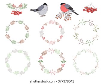 Set of floral wreaths and bullfinches. Harvest wreath. Floral wreath and bullfinch bird for registration cards, invitations, flyers, banners and posters design in winter, spring or summer.