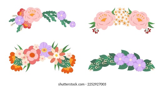 Set Of Floral Wreaths, Colorful Blossom Buds Composition. Arrangements in Cute Boho Style. Flower Design Elements with Green Leaves or Twigs for Invitation, Greeting Card. Cartoon Vector Illustration