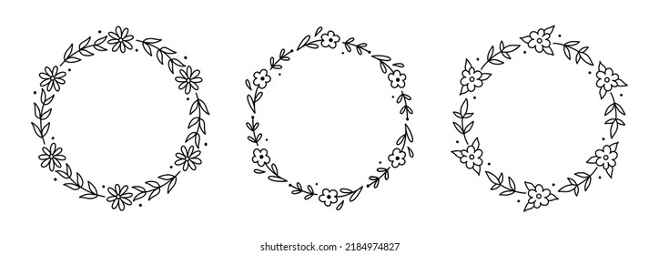 Set of floral wreaths isolated on white background. Round frames with flowers and leaves. Vector hand-drawn illustration in doodle style. Perfect for cards, invitations, decorations, logo.