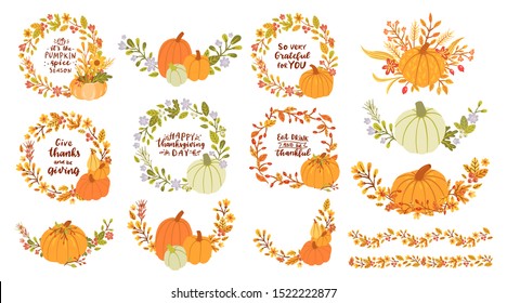 Set of floral wreaths, pumpkins, borders. Set of hand drawn thanksgiving elemens. 