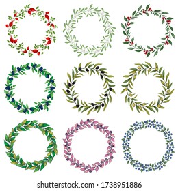 Set of floral wreaths; round floral frames for greeting cards, invitations, wedding cards, posters, banners.