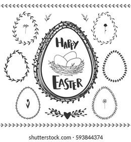 Set of floral wreaths in shape of eggs for Easter decorations and greeting cards, vector illustration.