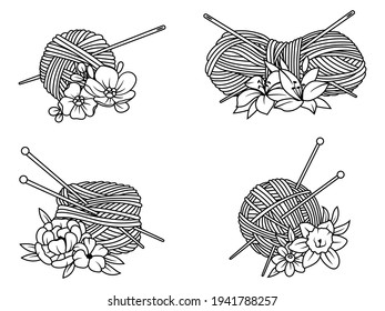 Set of floral yarn thread with knitting needles. Collection of yarn ball with flowers. Knitting with wool. Vector illustration of threads on a white background.