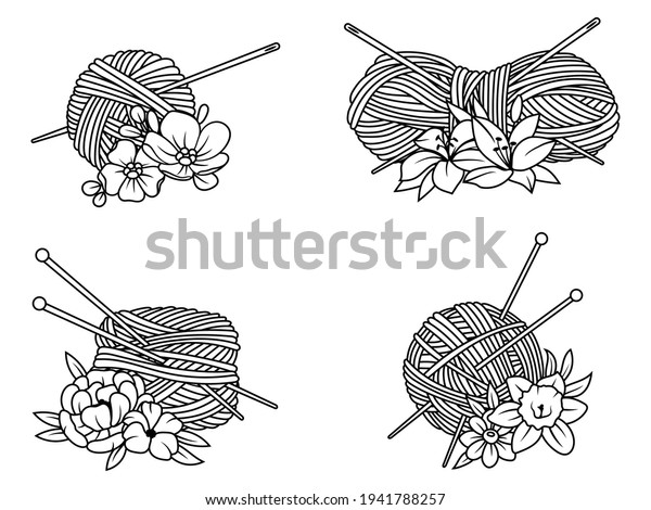 Set of floral yarn thread\
with knitting needles. Collection of yarn ball with flowers.\
Knitting with wool. Vector illustration of threads on a white\
background.