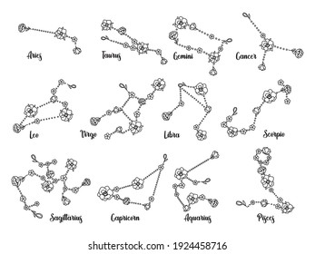 Set of floral zodiac constellations. Collection of stellar bodies and luminaries. Zodiac sign of with glowing lines and flowers. Star chart. Astrological. Vector illustration for planetarium.