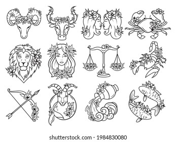 Set of floral zodiac constellations. Collection of astrology signwith flowers. Zodiac sign of with glowing lines and flowers. Star chart. Astrological. Vector illustration for planetarium.