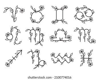 Set of floral zodiac constellations. Collection of stellar bodies and luminaries. Zodiac sign of with glowing lines and flowers. Star chart. Astrological. Vector illustration for planetarium.