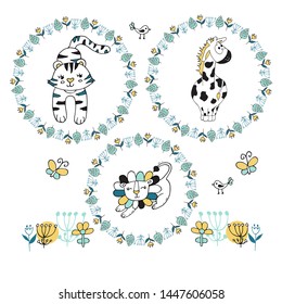Set of florawl wreath with cute giraffe, lion and tiger on white background.