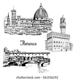 Set of Florence symbols. Duomo Santa maria del fiore, Palazzo Vecchio or Palazzo della Signoria, Ponte Vecchio bridge. Vector hand drawn sketch illustration. City panorama. Italy, Tuscan. architecture