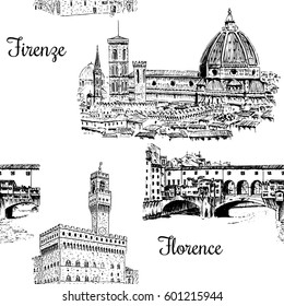 Set of Florence symbols. Duomo Santa maria del fiore, Palazzo Vecchio or Palazzo della Signoria, Ponte Vecchio bridge. Hand drawn sketch seamless pattern vector set. For prints, textile, wrapping, web