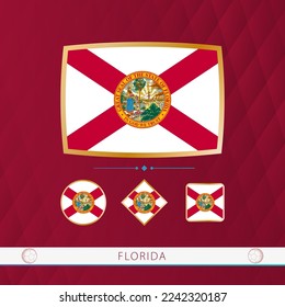 Set of Florida flags with gold frame for use at sporting events on a burgundy abstract background. Vector collection of flags.