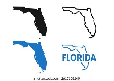 A set of Florida map icons is depicted in black and blue hues on a white background
