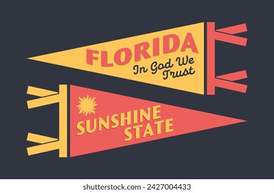 Set of Florida pennants. Vintage retro graphic flag, pennant, star, sign, symbols of USA. Sunshine State.
