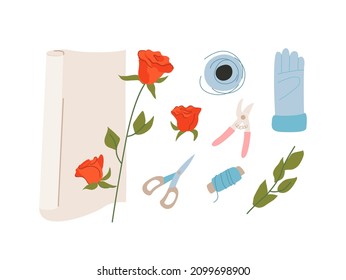 Set of florist accessories on isolated background. Vector top view illustration of wrapping bouquet of red roses in paper. Florist work. Valentine's day.  