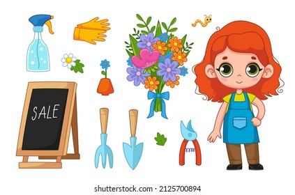 Se establece con carácter florista secundario. Niñas jardineras, ramo, pala, pulverizador y otros inventarios. Ilustración vectorial de un personaje en un estilo infantil de caricatura. Clíparte divertida aislada. huella linda