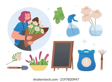 Set of florist. Collection of graphic elements for website. Woman with bouquet, flowers, vase of water and advertising sign for store. Cartoon flat vector illustrations isolated on white background