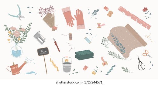 Set of florist and gardener tools   vector flat illustration.Collection of different type floristic elements  isolated on white. Bouquet, packaging, stapler, scissors, watering can, gloves, ribbons. 